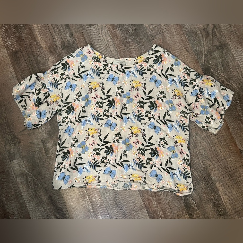 Viola Borghi Floral Butterfly Print Linen Top Size Large